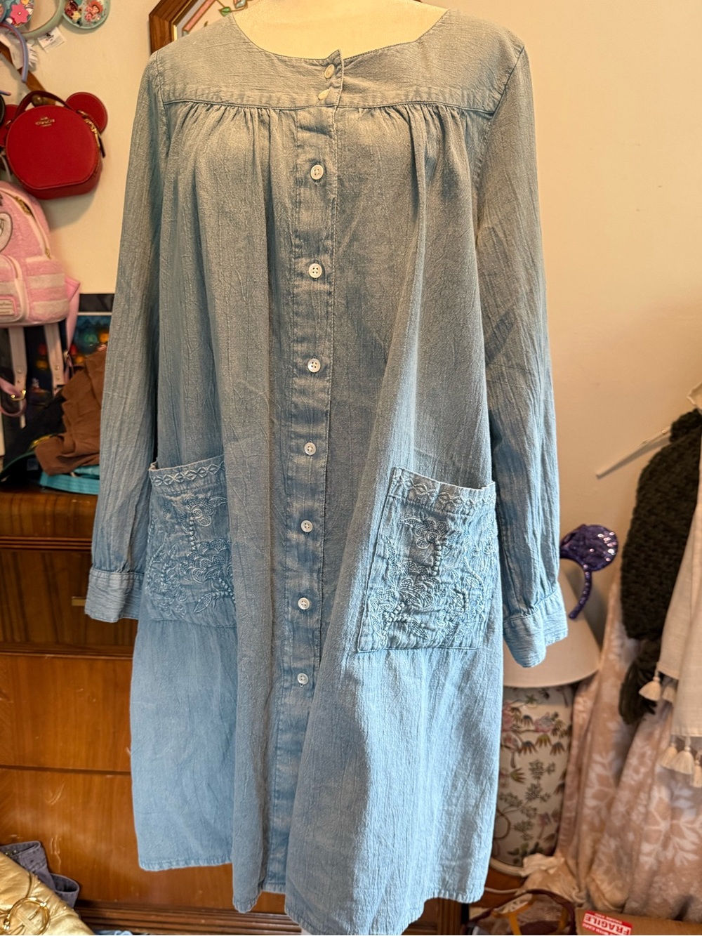 Light Wash Button-Front Denim Dress with Embroidered Pockets April Cornell